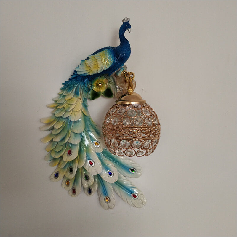LED Wall Sconce Light | Vintage Ornate Resin Peacock Design with Crystal Ball Shade for Living Room & Hallway Lighting