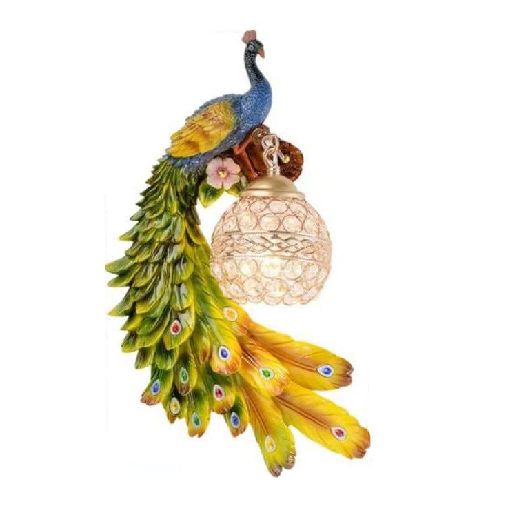 LED Wall Sconce Light | Vintage Ornate Resin Peacock Design with Crystal Ball Shade for Living Room & Hallway Lighting