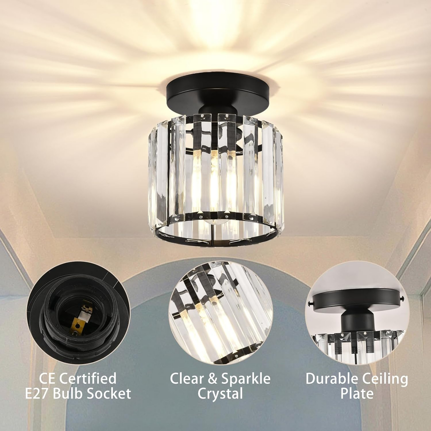 Modern 1-Light Flush Mount Ceiling Light | Black Brass Fixture with Crystal Shade for Hallway & Living Room