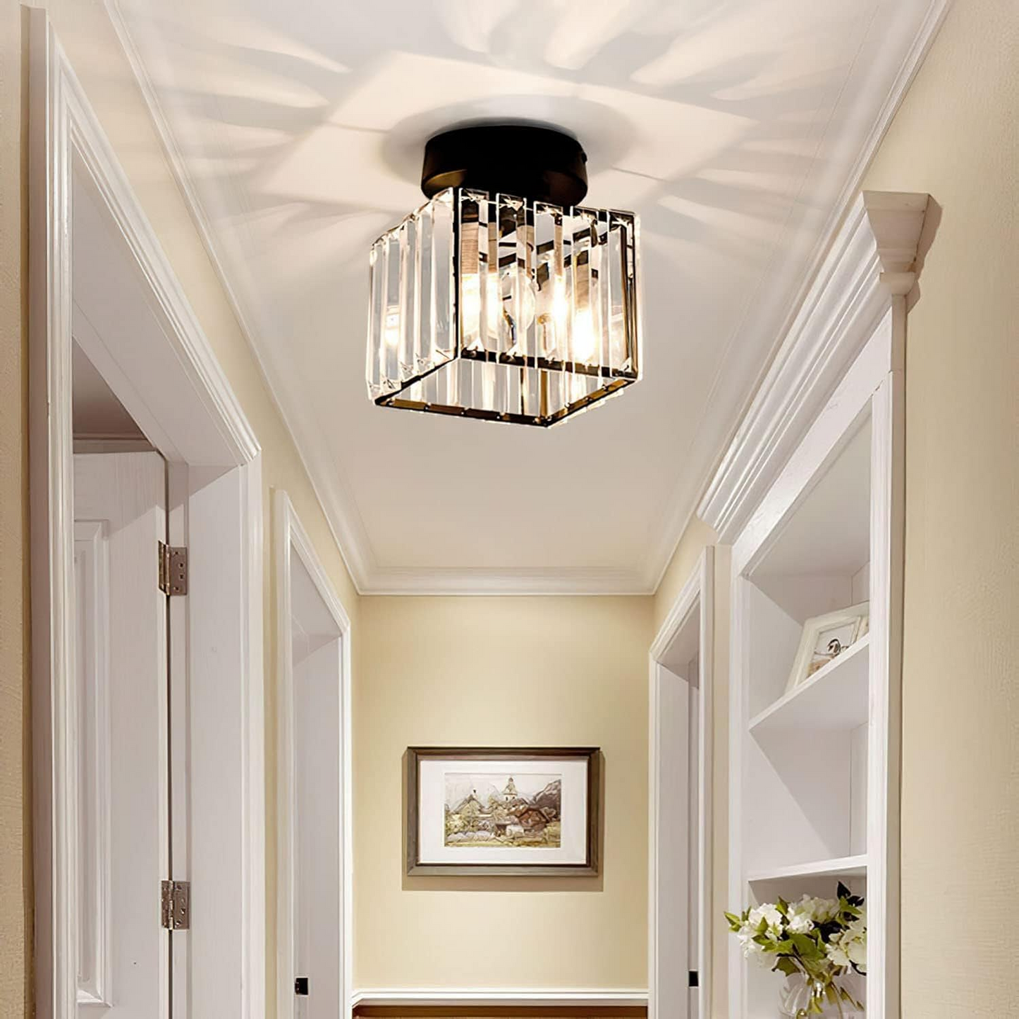 Modern 1-Light Flush Mount Ceiling Light | Black Brass Fixture with Crystal Shade for Hallway & Living Room
