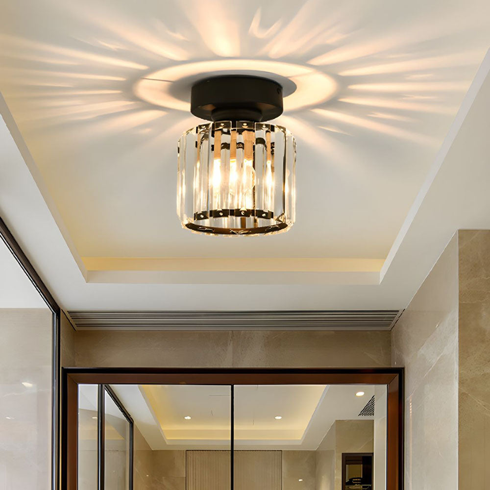 Modern 1-Light Flush Mount Ceiling Light | Black Brass Fixture with Crystal Shade for Hallway & Living Room