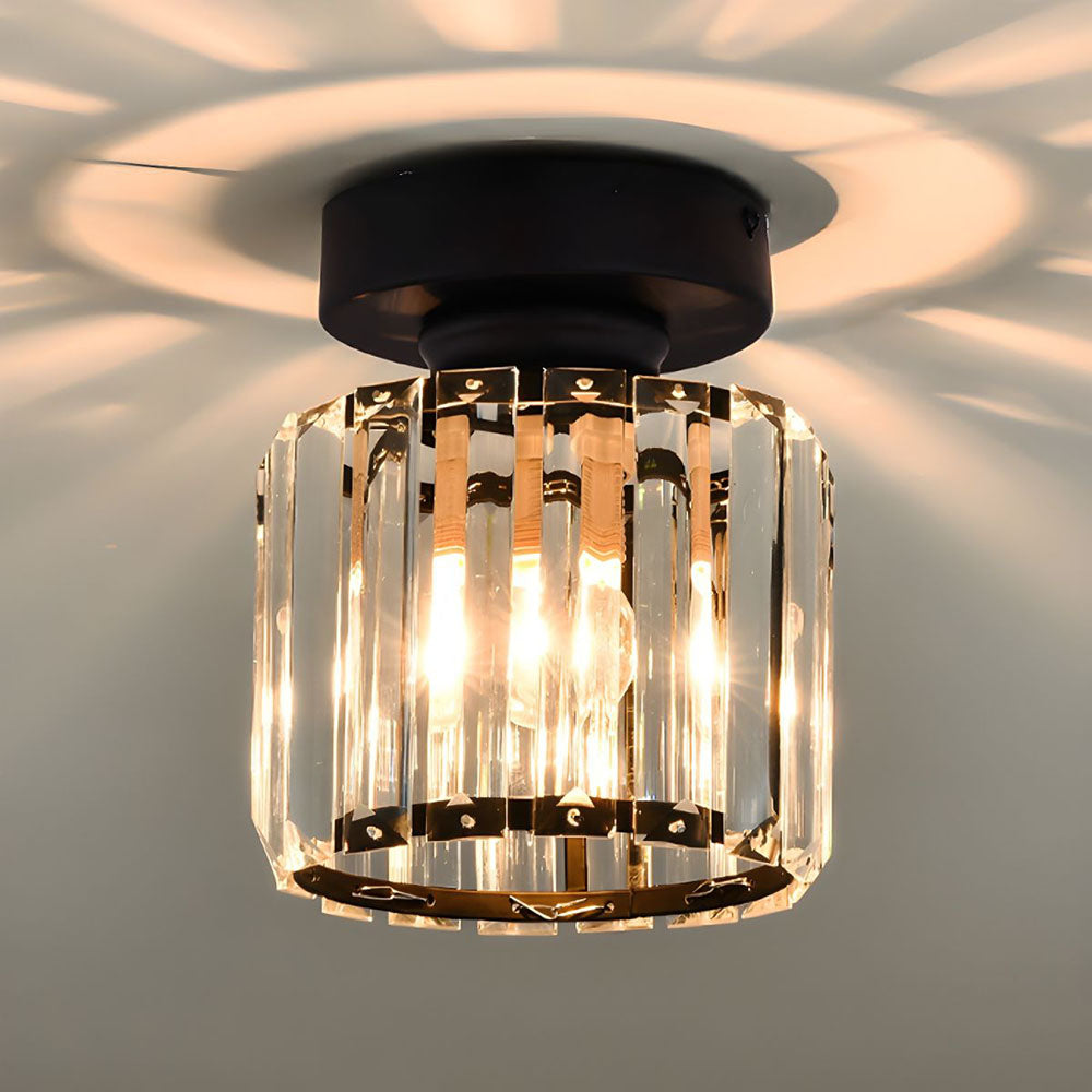 Modern 1-Light Flush Mount Ceiling Light | Black Brass Fixture with Crystal Shade for Hallway & Living Room