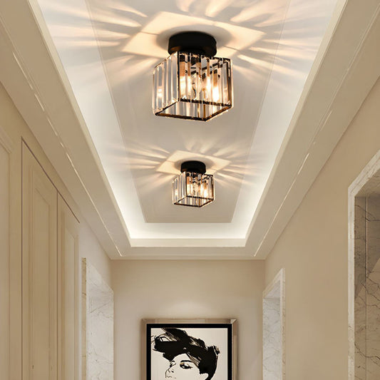 Modern 1-Light Flush Mount Ceiling Light | Black Brass Fixture with Crystal Shade for Hallway & Living Room
