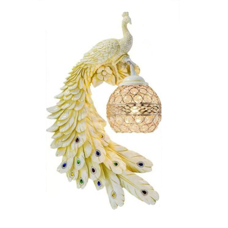 LED Wall Sconce Light | Vintage Ornate Resin Peacock Design with Crystal Ball Shade for Living Room & Hallway Lighting