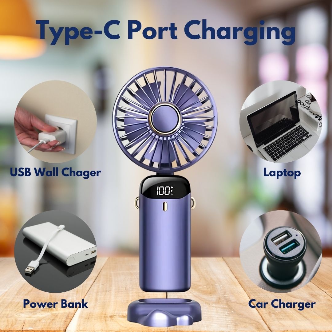 Rechargeable Handheld Mini Fan | 5-Speed, 90-Degree Adjustable & Quiet for Office, Home & Outdoor Use