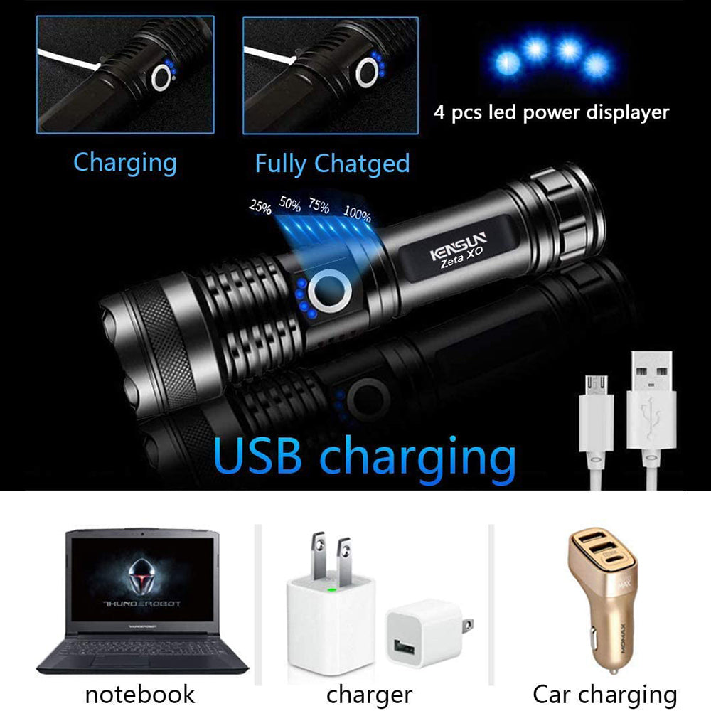 90000lm LED Tactical Flashlight | Rechargeable, Zoomable & Water-Resistant for Camping and Hiking