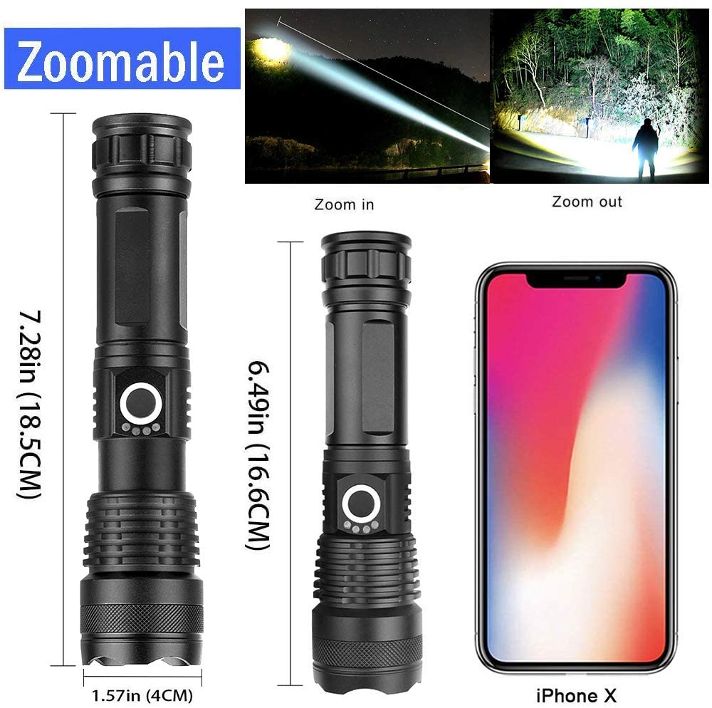 90000lm LED Tactical Flashlight | Rechargeable, Zoomable & Water-Resistant for Camping and Hiking