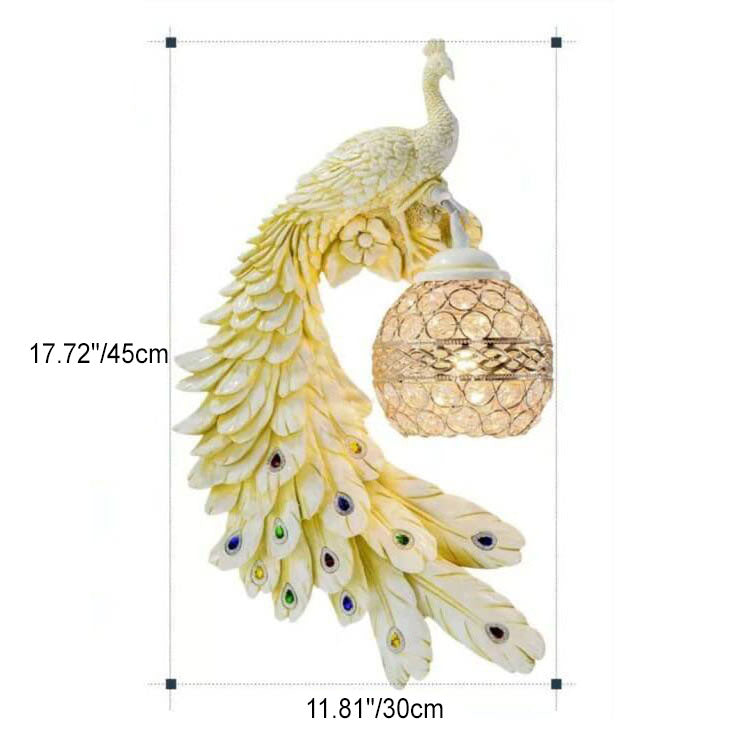 LED Wall Sconce Light | Vintage Ornate Resin Peacock Design with Crystal Ball Shade for Living Room & Hallway Lighting