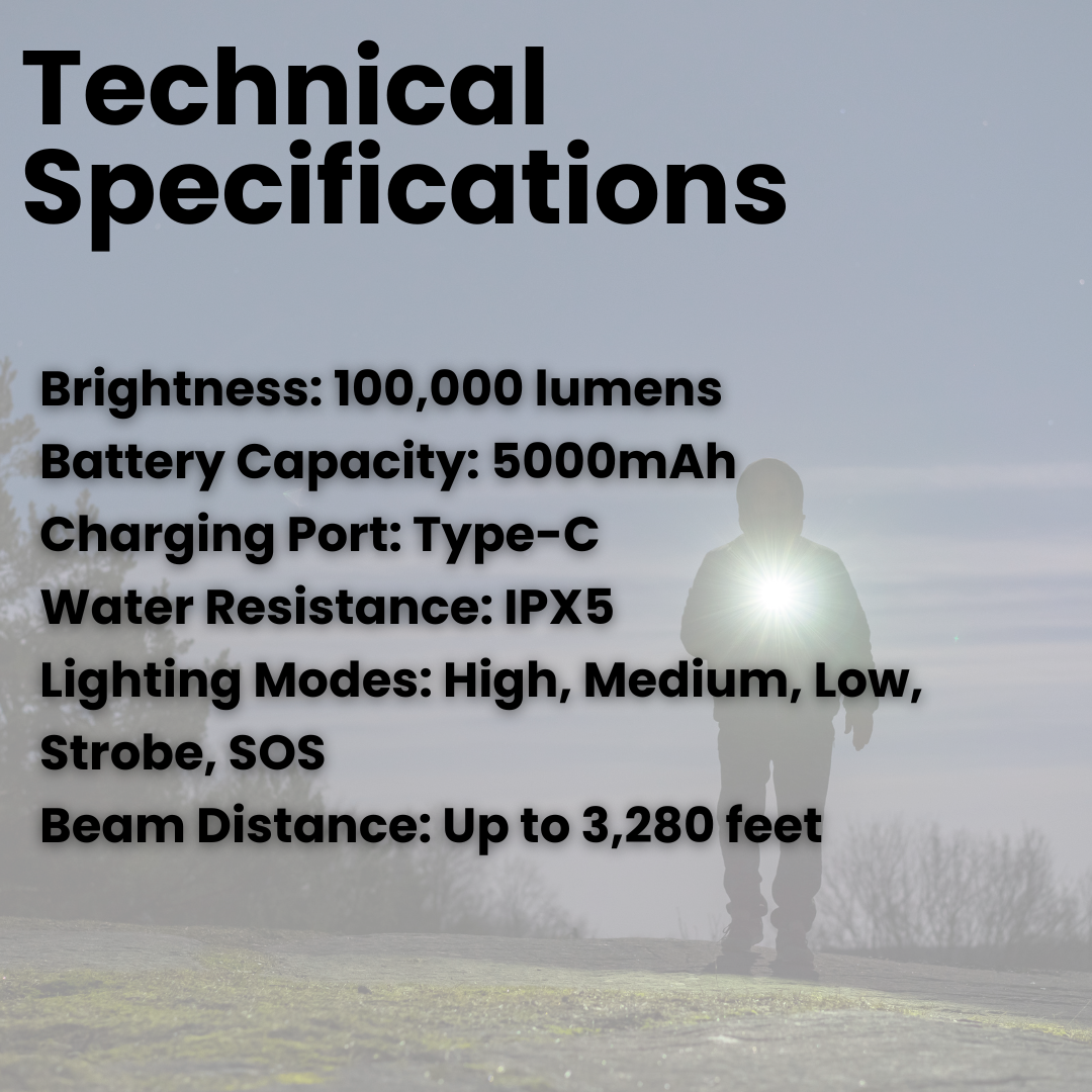 100,000 Lumen Rechargeable LED Flashlight | Waterproof, Impact-Resistant & Ideal for Hiking, Emergencies & Power Outages