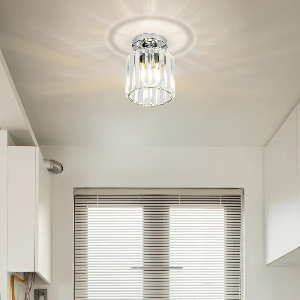 Modern 1-Light Flush Mount Ceiling Light | Black Brass Fixture with Crystal Shade for Hallway & Living Room
