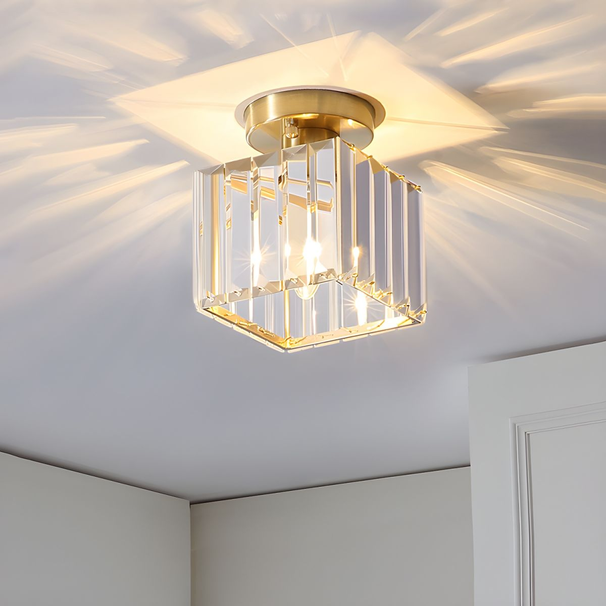 Modern 1-Light Flush Mount Ceiling Light | Black Brass Fixture with Crystal Shade for Hallway & Living Room