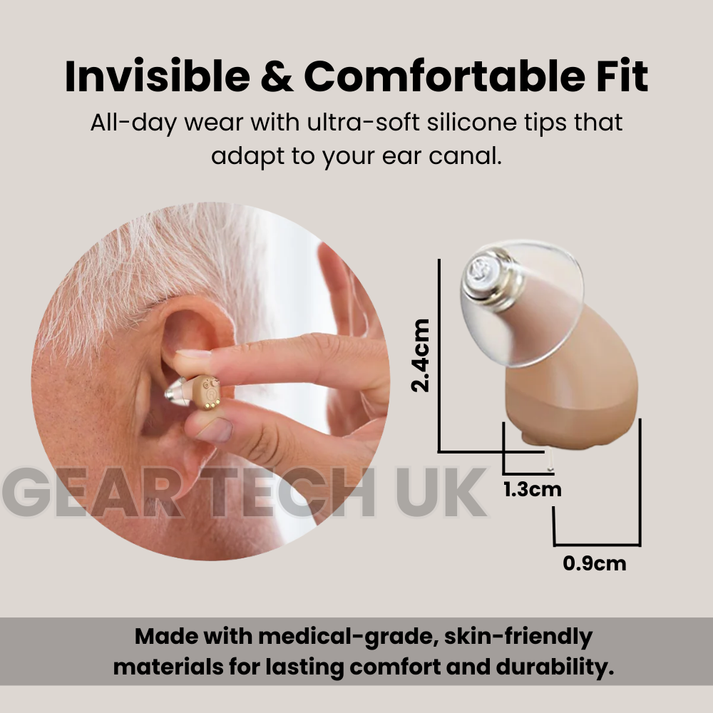 Invisible In-Ear Hearing Aids UK | Discreet Small Rechargeable Hearing Devices with Bluetooth App Control & Noise Reduction