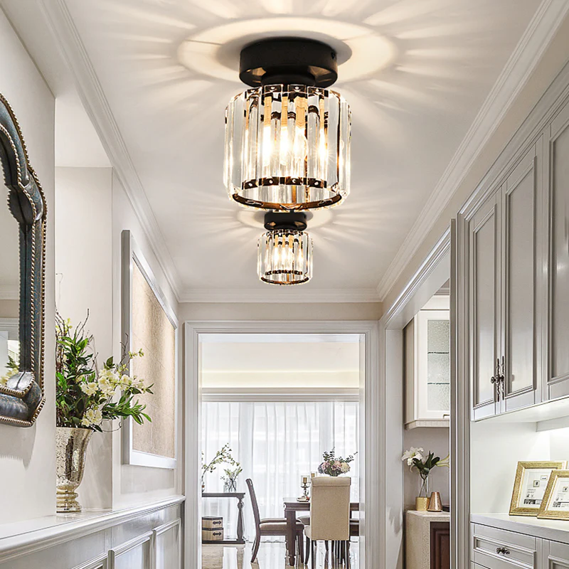 Modern 1-Light Flush Mount Ceiling Light | Black Brass Fixture with Crystal Shade for Hallway & Living Room
