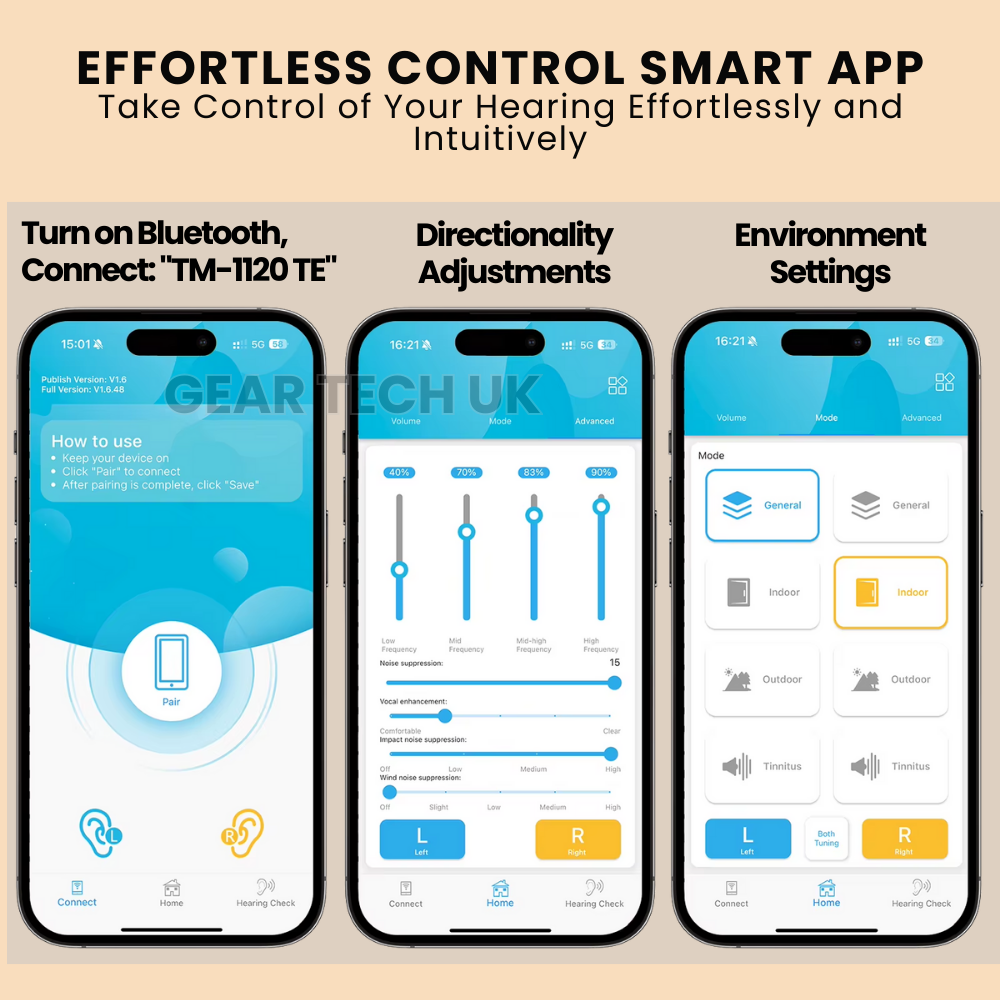 No Prescription Hearing Aids UK | Discreet Rechargeable Air Conduction Hearing Devices with Bluetooth App Control & Noise Reduction