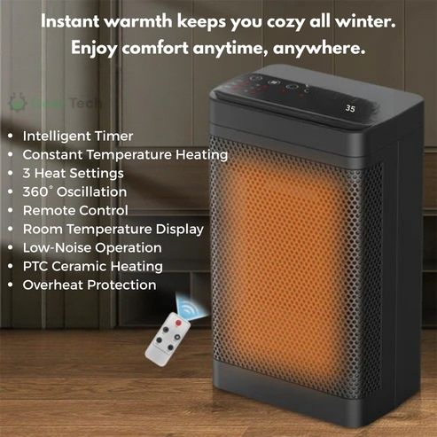 Portable Electric PTC Fan Heater | Fast Heating, Remote Control & Adjustable Temperature for Bathroom and Living Room Use