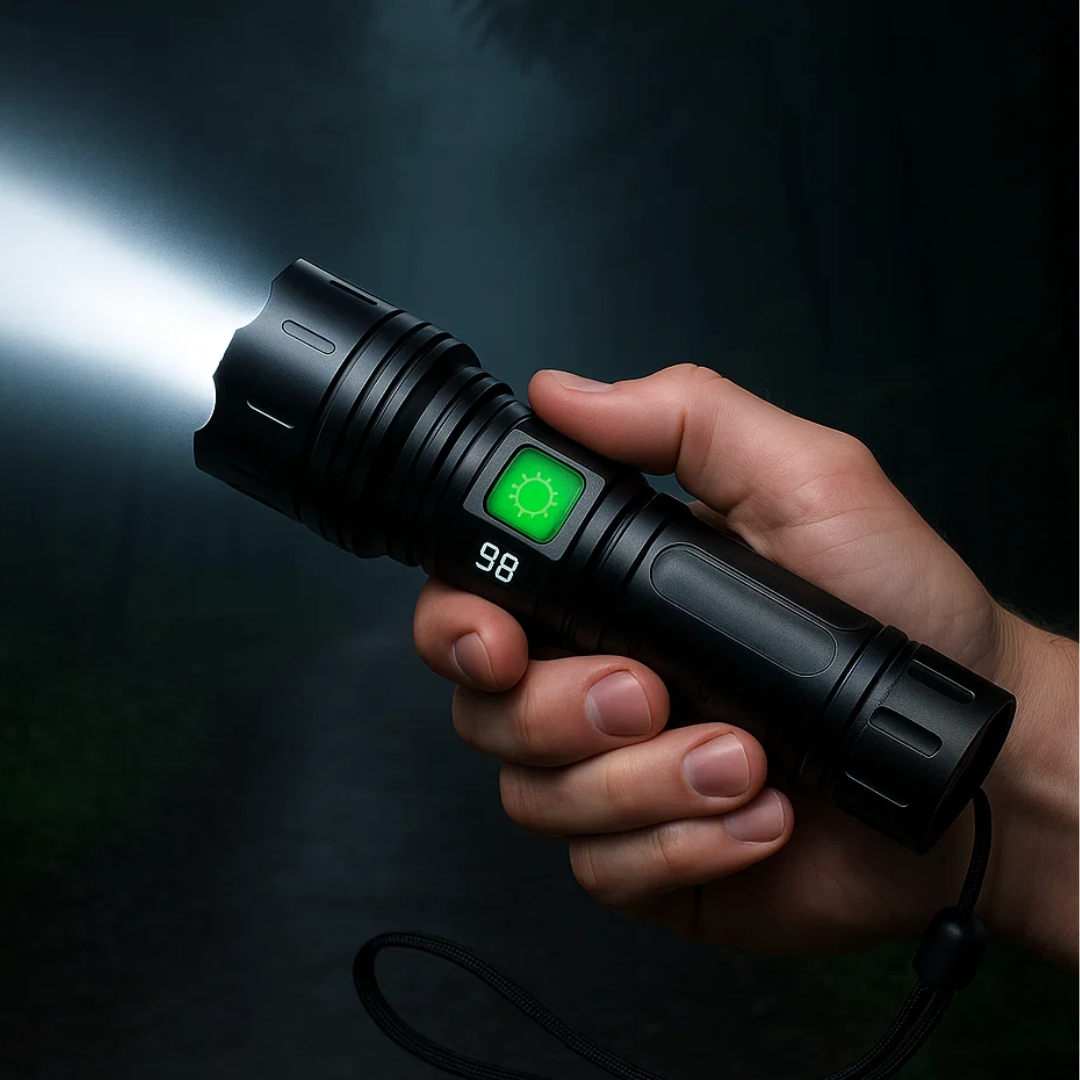 100,000 Lumen Rechargeable LED Flashlight | Waterproof, Impact-Resistant & Ideal for Hiking, Emergencies & Power Outages