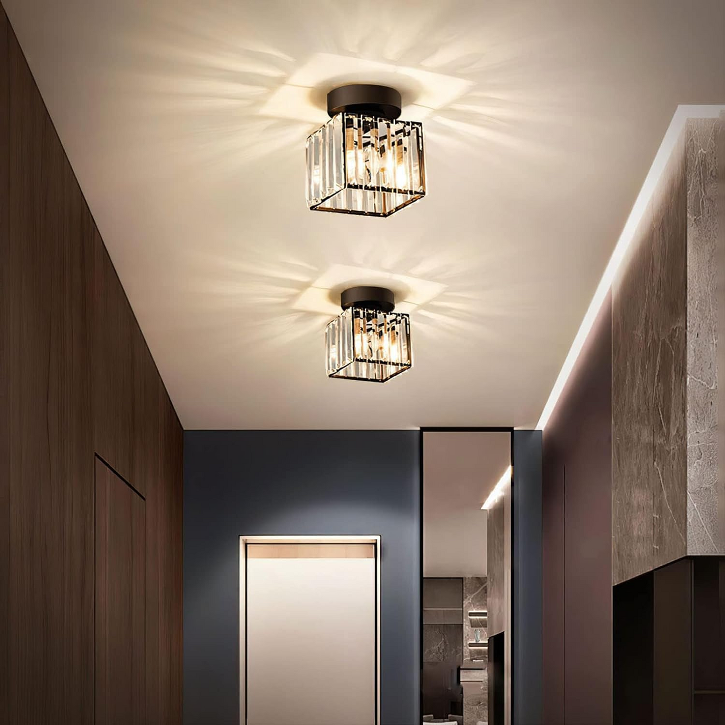 Modern 1-Light Flush Mount Ceiling Light | Black Brass Fixture with Crystal Shade for Hallway & Living Room
