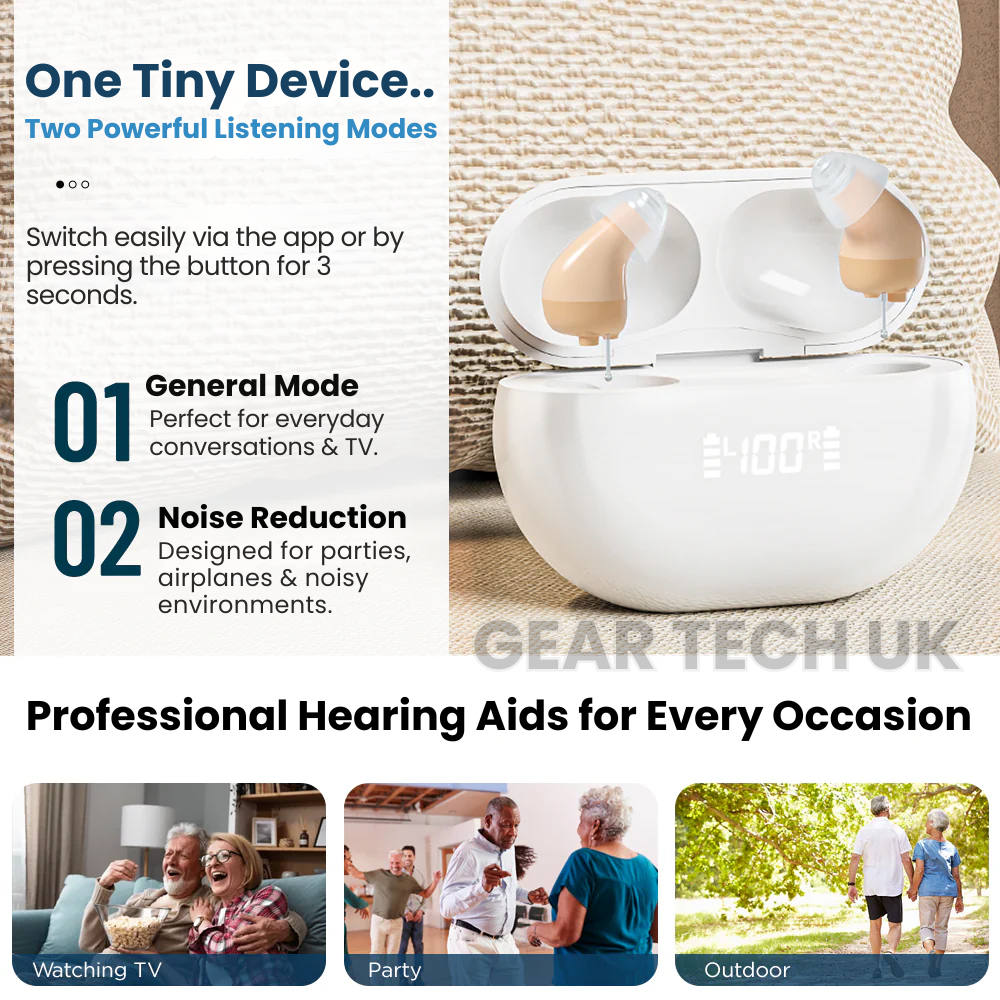 No Prescription Hearing Aids UK | Discreet Rechargeable Air Conduction Hearing Devices with Bluetooth App Control & Noise Reduction
