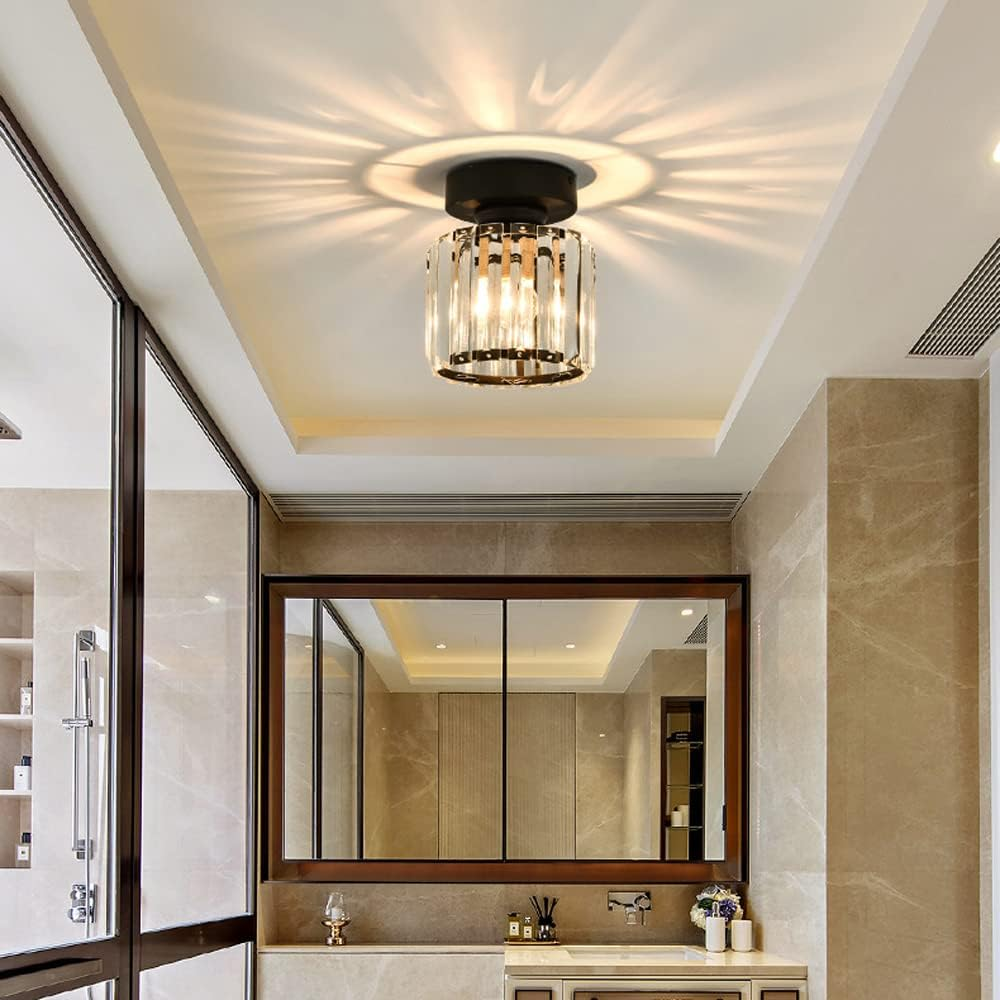 Modern 1-Light Flush Mount Ceiling Light | Black Brass Fixture with Crystal Shade for Hallway & Living Room
