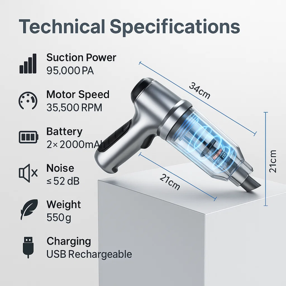 Car Vacuum Cleaner - Powerful and Compact Car Vac for Quick Cleaning