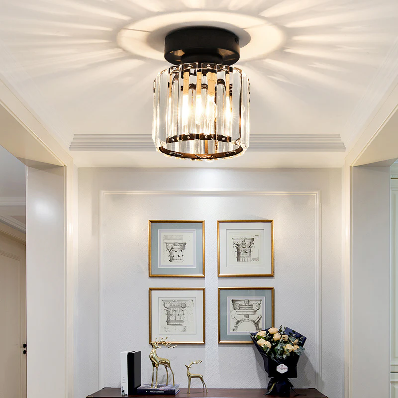 Modern 1-Light Flush Mount Ceiling Light | Black Brass Fixture with Crystal Shade for Hallway & Living Room