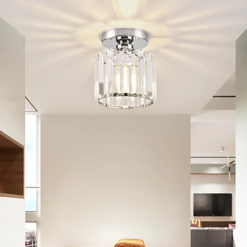Modern 1-Light Flush Mount Ceiling Light | Black Brass Fixture with Crystal Shade for Hallway & Living Room