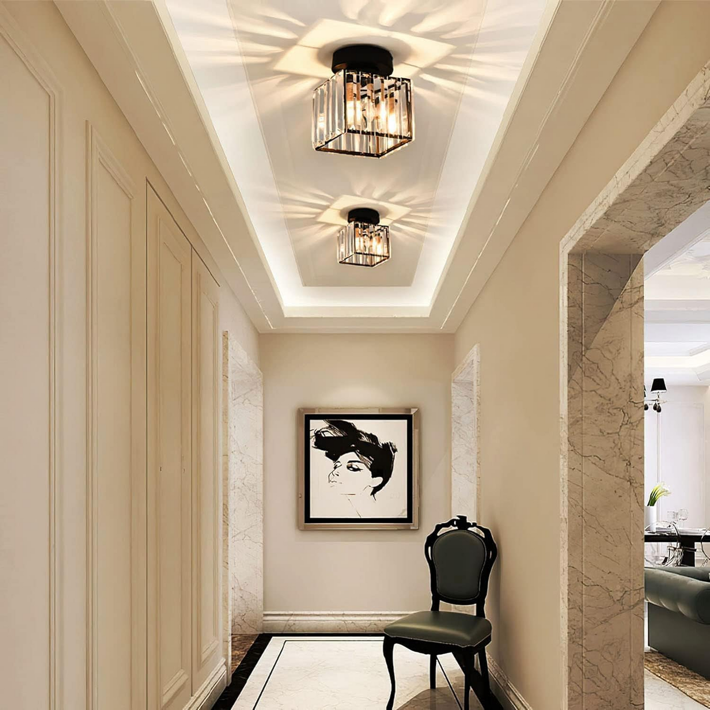 Modern 1-Light Flush Mount Ceiling Light | Black Brass Fixture with Crystal Shade for Hallway & Living Room