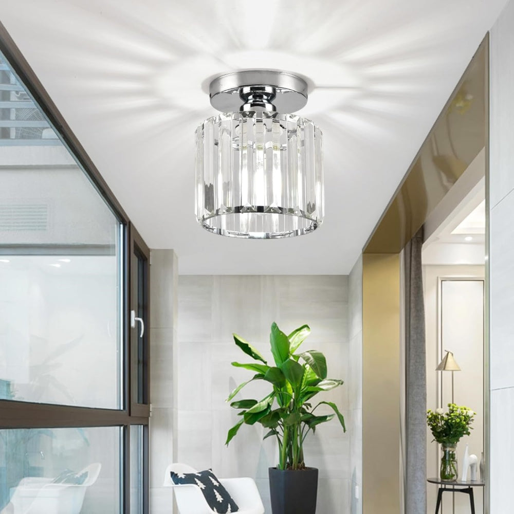 Modern 1-Light Flush Mount Ceiling Light | Black Brass Fixture with Crystal Shade for Hallway & Living Room