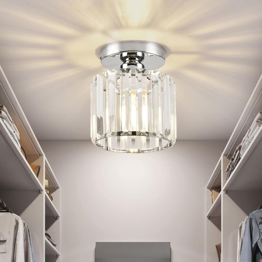 Modern 1-Light Flush Mount Ceiling Light | Black Brass Fixture with Crystal Shade for Hallway & Living Room