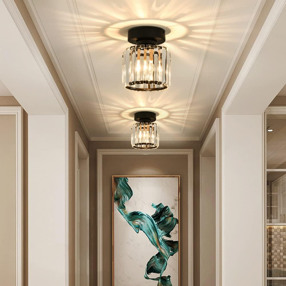 Modern 1-Light Flush Mount Ceiling Light | Black Brass Fixture with Crystal Shade for Hallway & Living Room