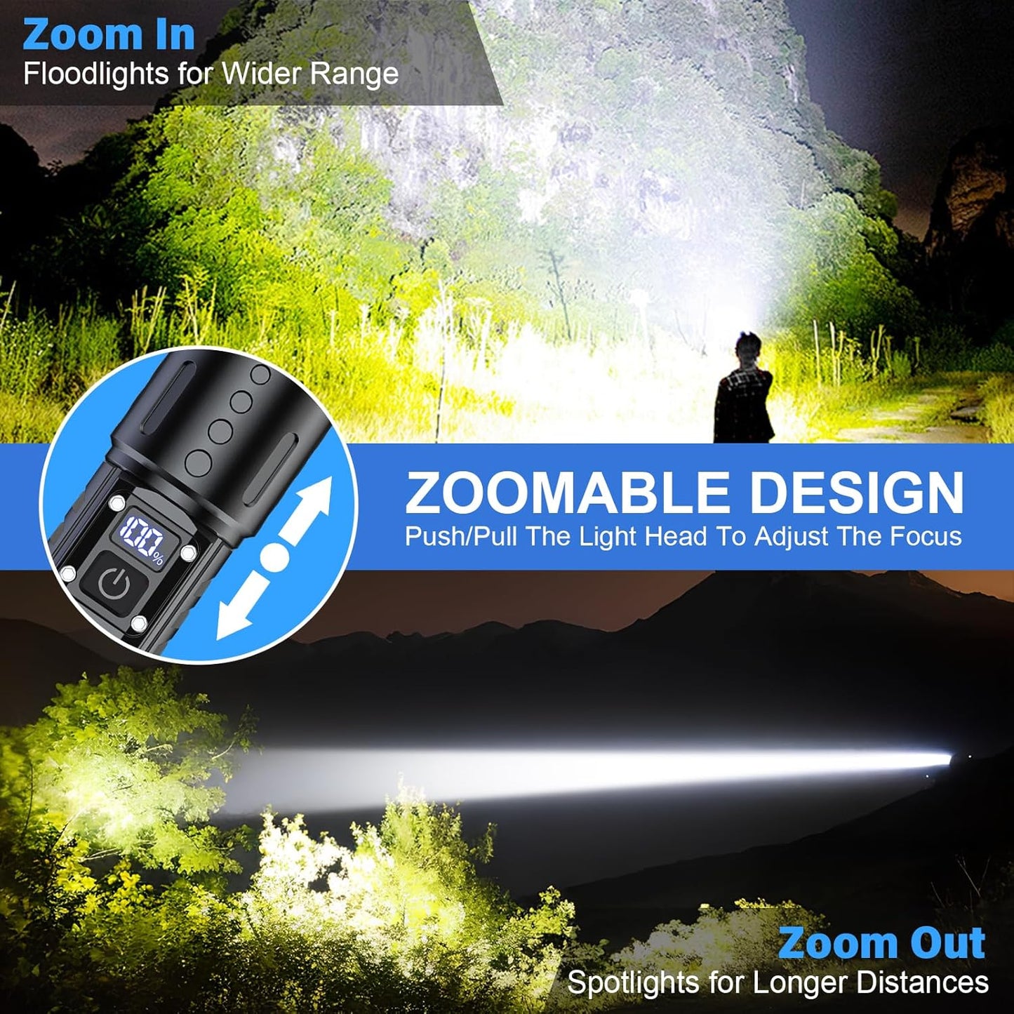 100,000 Lumen Rechargeable LED Flashlight | Waterproof, Impact-Resistant & Ideal for Hiking, Emergencies & Power Outages