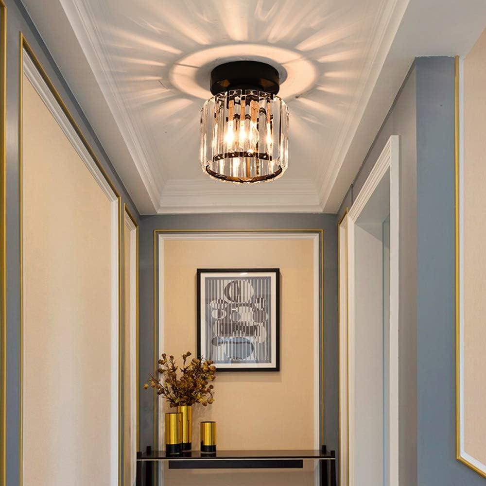 Modern 1-Light Flush Mount Ceiling Light | Black Brass Fixture with Crystal Shade for Hallway & Living Room