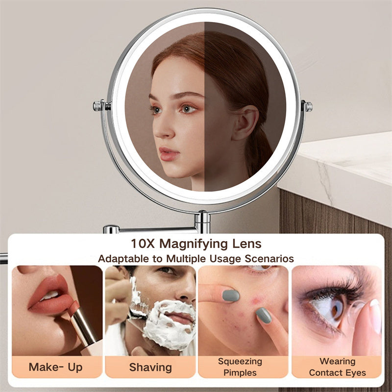 Rechargeable Wall Mounted Shaving Mirror | 360° Rotation. 1X/10X Magnification & Adjustable LED Lighting for Bathroom Use