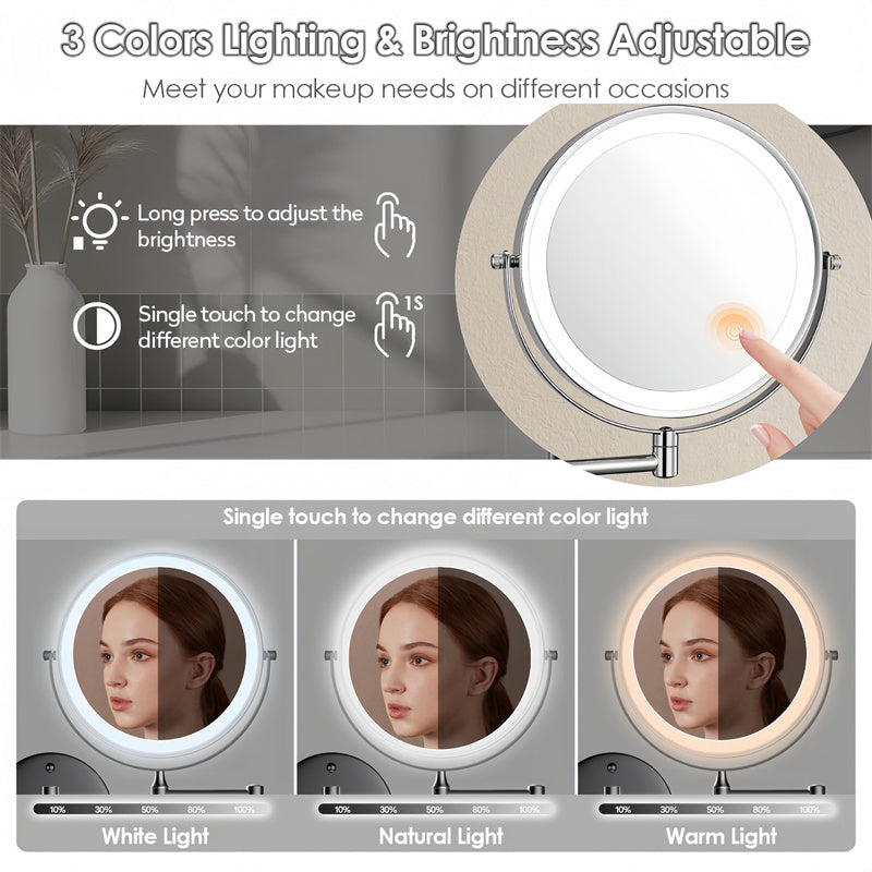 Rechargeable Wall Mounted Shaving Mirror | 360° Rotation. 1X/10X Magnification & Adjustable LED Lighting for Bathroom Use