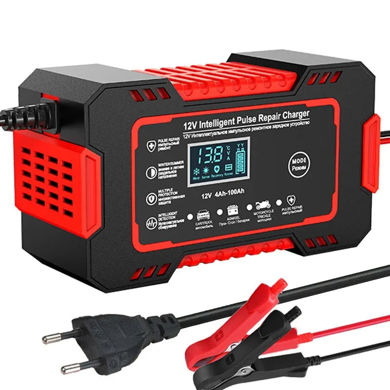 12V 6A Smart Car Battery Charger | Pulse Repair, LCD Display & Fast Charging for AGM, Gel & Lead-Acid Batteries