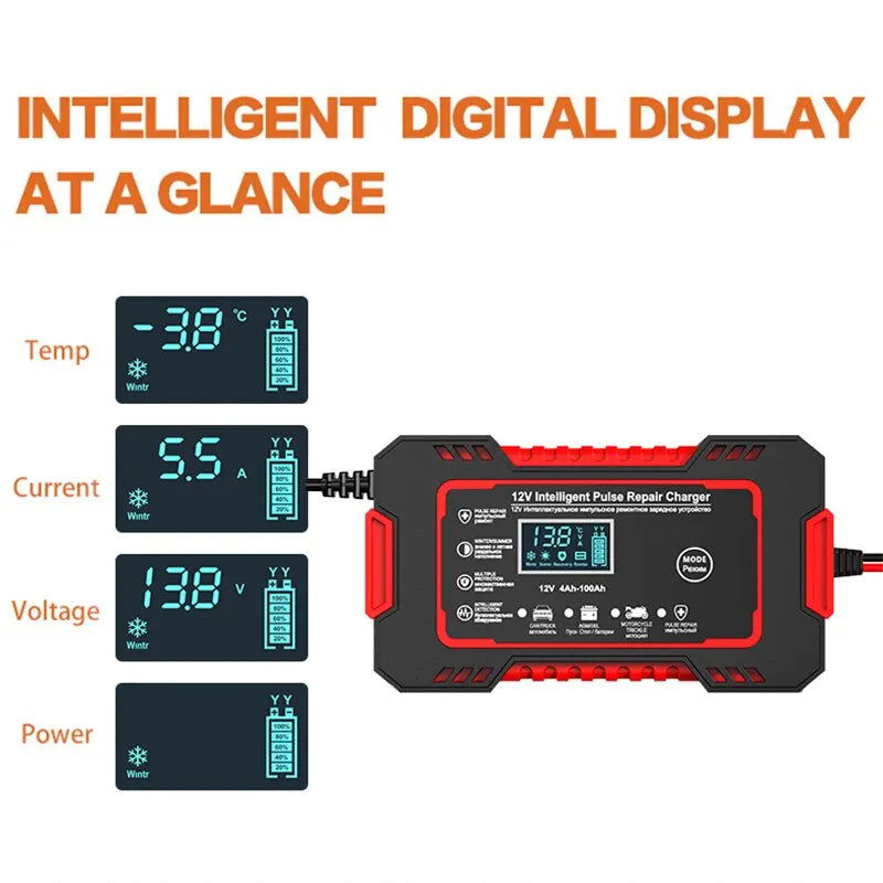 12V 6A Smart Car Battery Charger | Pulse Repair, LCD Display & Fast Charging for AGM, Gel & Lead-Acid Batteries