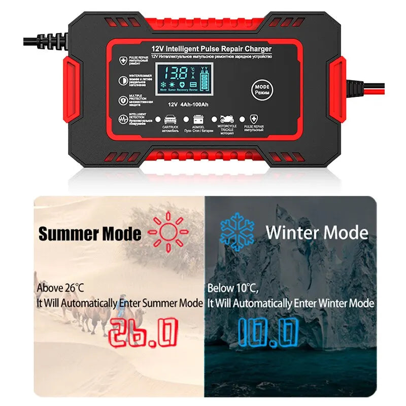 12V 6A Smart Car Battery Charger | Pulse Repair, LCD Display & Fast Charging for AGM, Gel & Lead-Acid Batteries