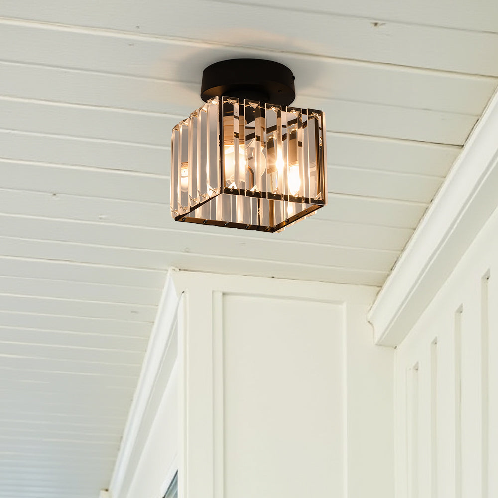 Modern 1-Light Flush Mount Ceiling Light | Black Brass Fixture with Crystal Shade for Hallway & Living Room