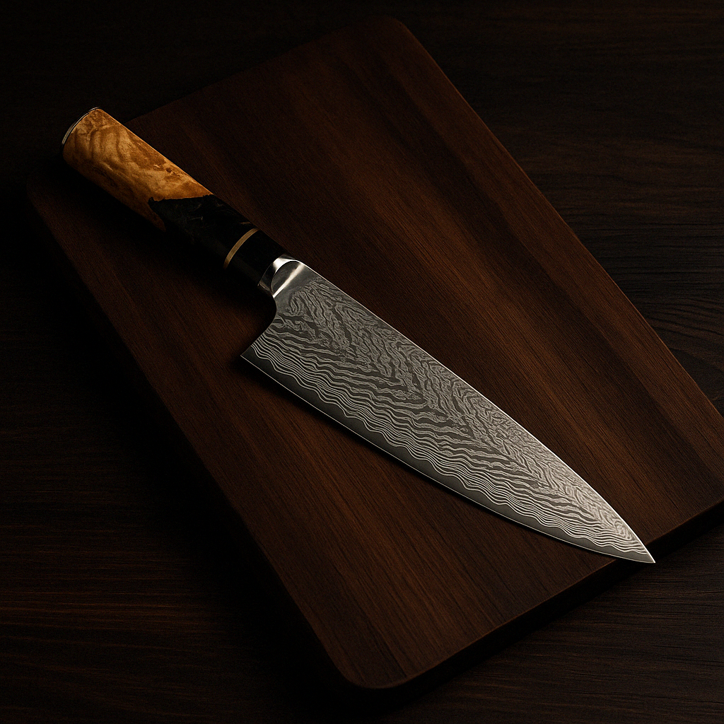 Hand-Forged Chef's Knife | 67-Layer Damascus Steel Blade & Unique Burl Wood Handle for Home Chefs and Culinary Enthusiasts