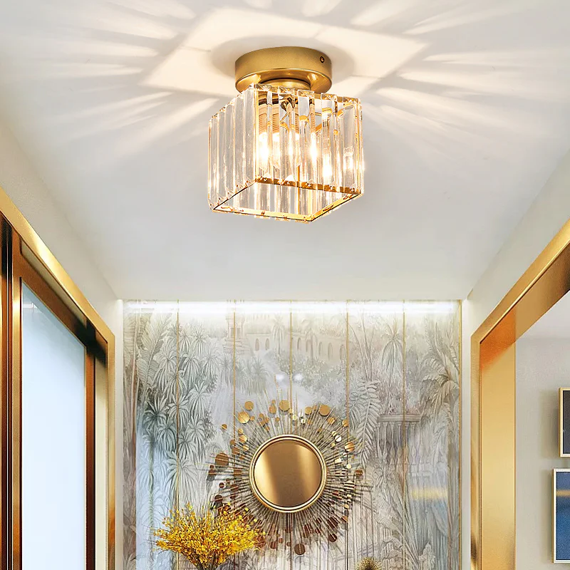 Modern 1-Light Flush Mount Ceiling Light | Black Brass Fixture with Crystal Shade for Hallway & Living Room