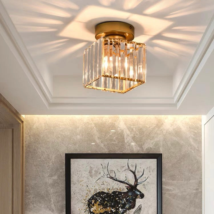 Modern 1-Light Flush Mount Ceiling Light | Black Brass Fixture with Crystal Shade for Hallway & Living Room