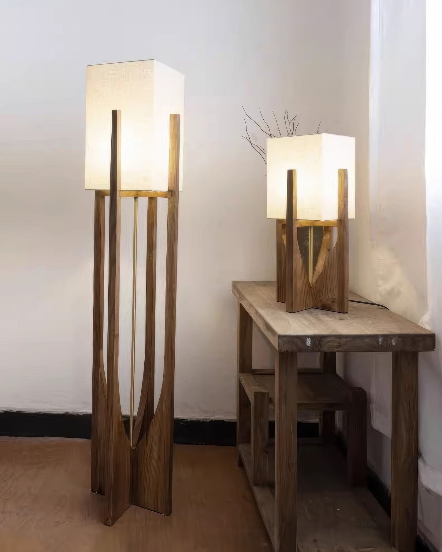 Japanese Style Walnut Floor Lamp - Solid Wood Design for Living Room & Bedroom Lighting