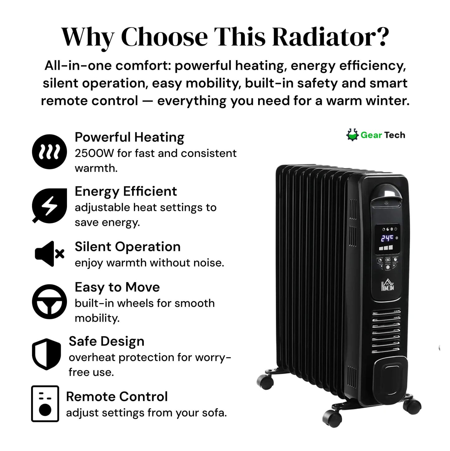 Oil Filled Radiator Heater – Portable Electric Room Heater Silent & Energy Efficient with Thermostat, Timer & Remote UK