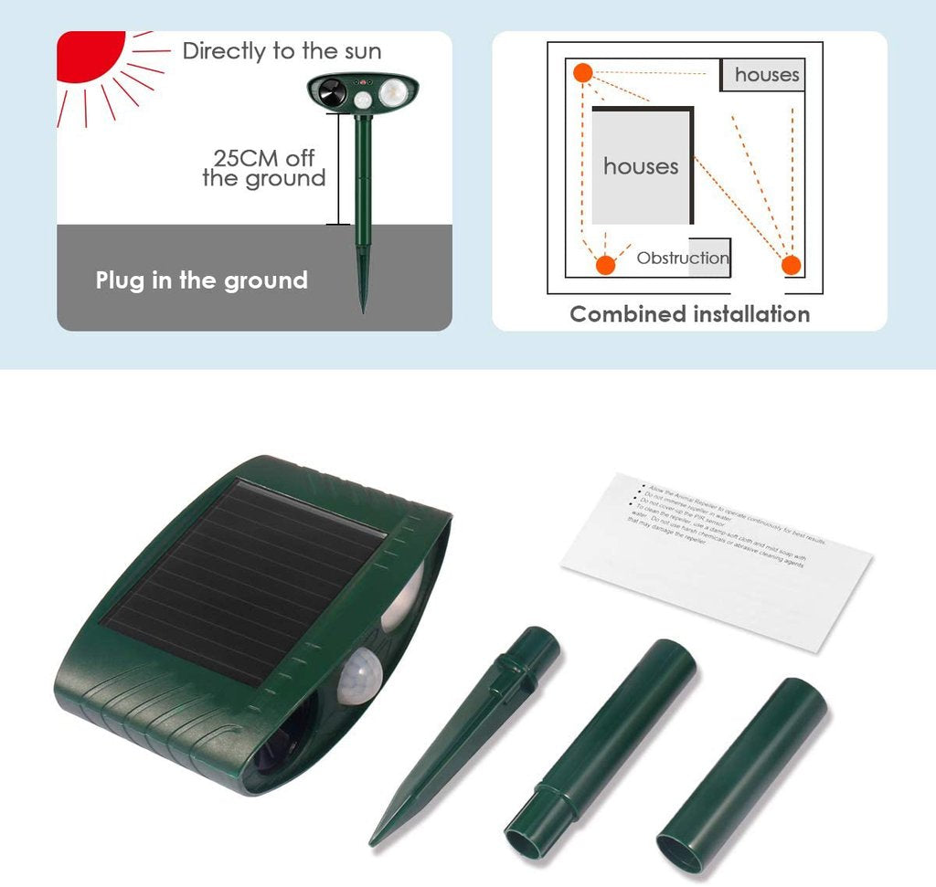 Solar Powered Ultrasonic Rabbit Repeller with Flashing Light – Effective Pest Control for Gardens and Yards