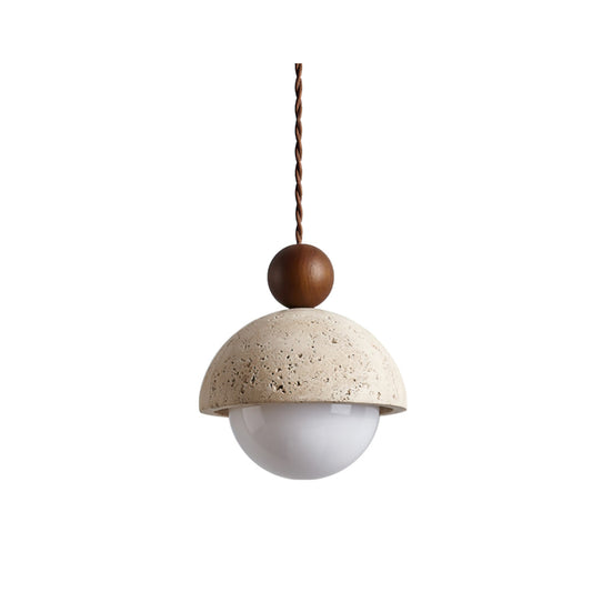 Palermo Pendant Light Fixture | Travertine Dome. Glass Globe & Wooden Accent for Kitchen Island & Dining Room