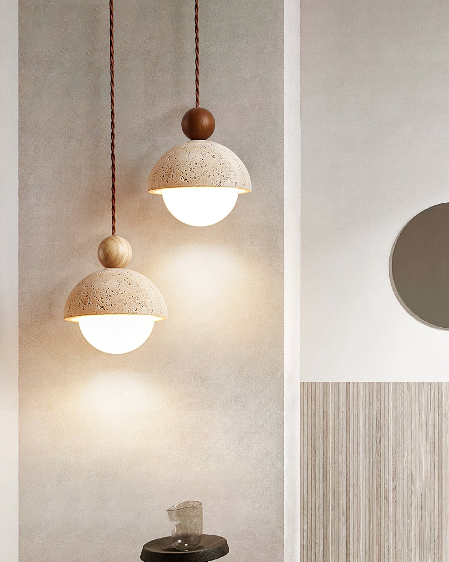 Palermo Pendant Light Fixture | Travertine Dome. Glass Globe & Wooden Accent for Kitchen Island & Dining Room
