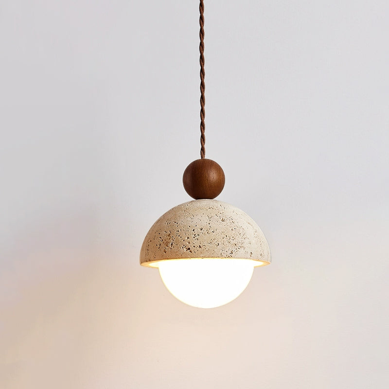 Palermo Pendant Light Fixture | Travertine Dome. Glass Globe & Wooden Accent for Kitchen Island & Dining Room