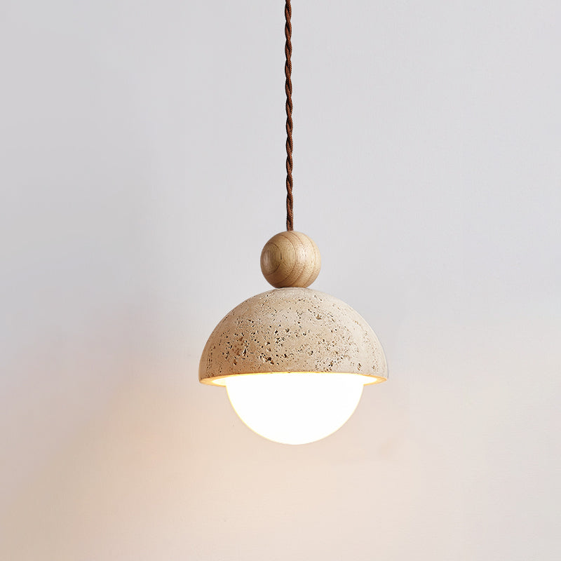 Palermo Pendant Light Fixture | Travertine Dome. Glass Globe & Wooden Accent for Kitchen Island & Dining Room