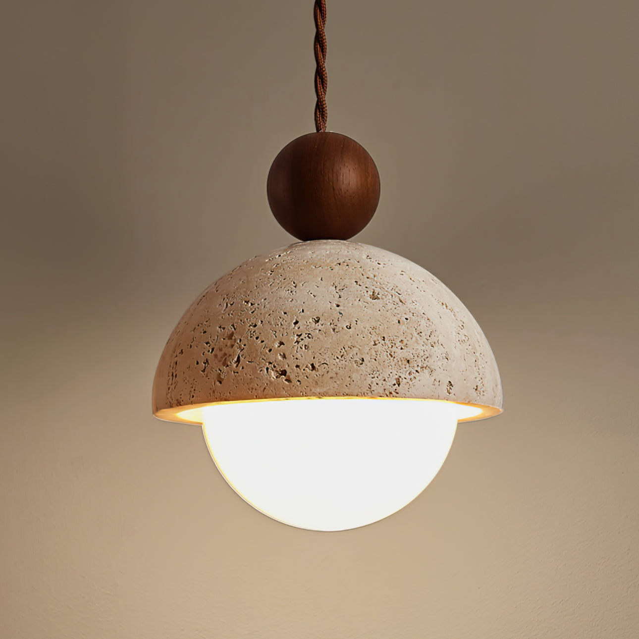 Palermo Pendant Light Fixture | Travertine Dome. Glass Globe & Wooden Accent for Kitchen Island & Dining Room