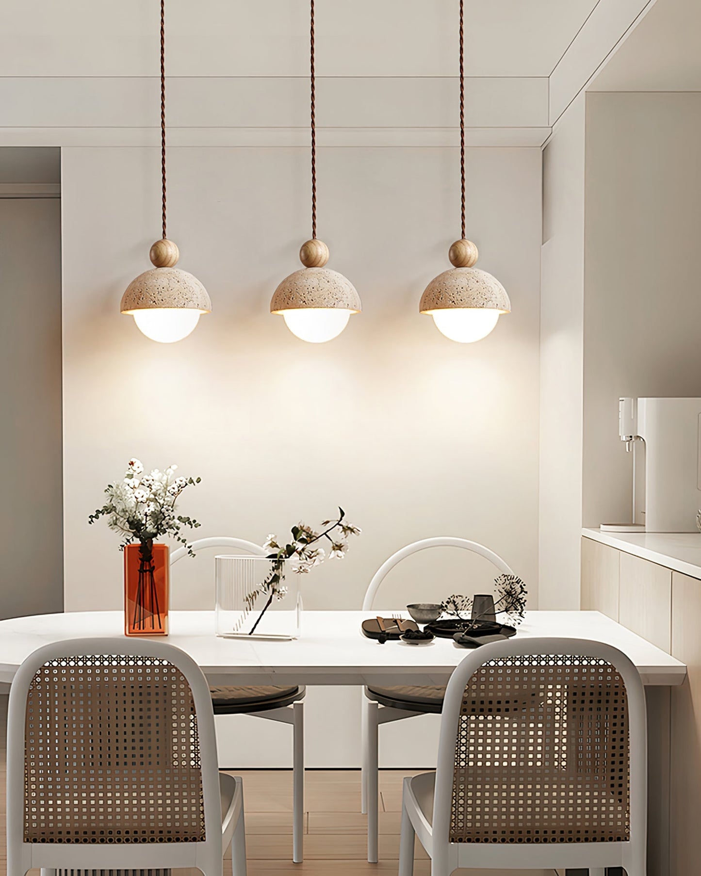Palermo Pendant Light Fixture | Travertine Dome. Glass Globe & Wooden Accent for Kitchen Island & Dining Room